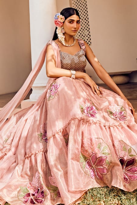 Shop Anu Pellakuru Pink Kota Doria Embroidery Sweetheart Neck Floral Tiered Lehenga Set Shop_Anu Pellakuru_Pink Kota Doria Embroidery Sweetheart Neck Floral Tiered Lehenga Set