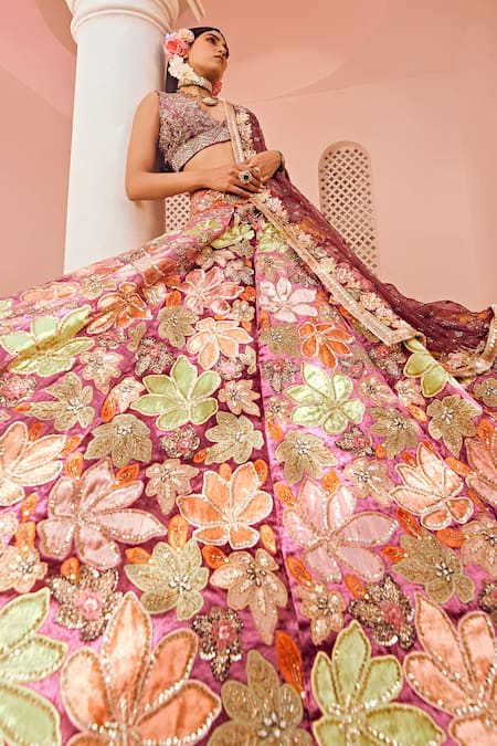 Shop Anu Pellakuru Wine Velvet Embroidery V-neck Floral Bridal Lehenga Set Online at Aza Fashions Shop_Anu Pellakuru_Wine Velvet Embroidery V-neck Floral Bridal Lehenga Set _Online_at_Aza_Fashions
