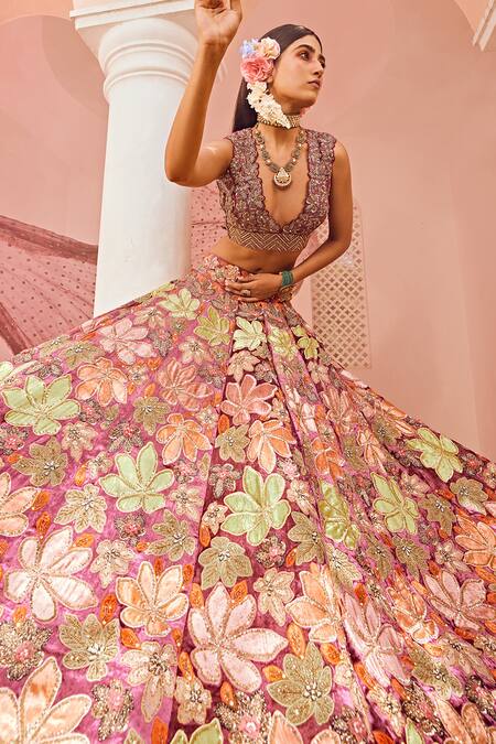 Anu Pellakuru Wine Velvet Embroidery V-neck Floral Bridal Lehenga Set at Aza Fashions Anu Pellakuru_Wine Velvet Embroidery V-neck Floral Bridal Lehenga Set _at_Aza_Fashions