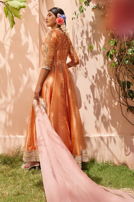 Anu Pellakuru Orange Floral Embroidered Anarkali Set For Kids