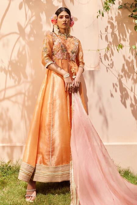Buy_Anu Pellakuru_Orange Kota Doria Sequins, Embroidery Floral Anarkali Set For Kids_Online_at_Aza_Fashions