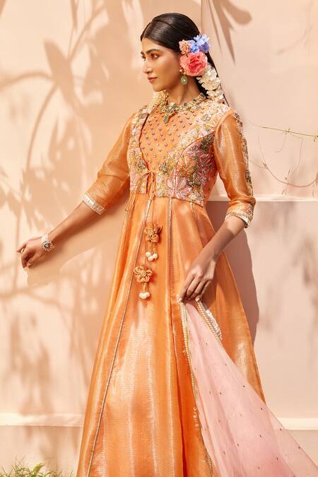 Shop_Anu Pellakuru_Orange Kota Doria Sequins, Embroidery Floral Anarkali Set For Kids_Online_at_Aza_Fashions