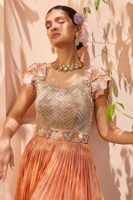 Buy_Anu Pellakuru_Orange Kota Doria Embroidery Floral Jumpsuit For Kids_Online_at_Aza_Fashions