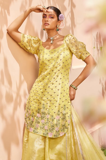 Buy_Anu Pellakuru_Yellow Kota Doria Embroidery Floral Kurta Set For Kids_Online_at_Aza_Fashions