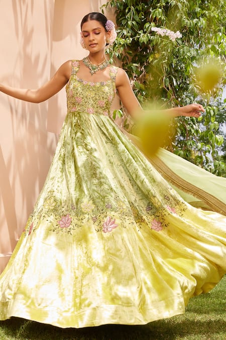 Buy_Anu Pellakuru_Green Velvet Embroidery Floral Anarkali Set For Kids_Online_at_Aza_Fashions