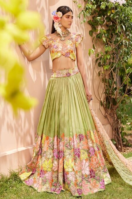 Buy Anu Pellakuru Green Kota Doria Embroidery V-neck Floral Bridal Lehenga Set Online at Aza Fashions Buy_Anu Pellakuru_Green Kota Doria Embroidery V-neck Floral Bridal Lehenga Set _Online_at_Aza_Fashions