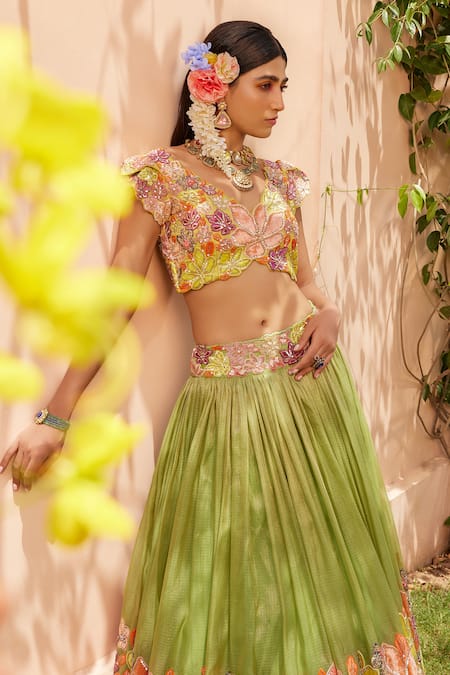 Shop Anu Pellakuru Green Kota Doria Embroidery V-neck Floral Bridal Lehenga Set Online at Aza Fashions Shop_Anu Pellakuru_Green Kota Doria Embroidery V-neck Floral Bridal Lehenga Set _Online_at_Aza_Fashions