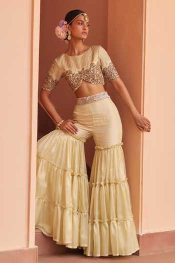 Anu Pellakuru_Gold Kota Doria Embroidery Round Neck Floral Top And Sharara Set_Online_at_Aza_Fashions