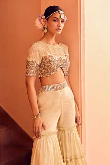 Shop_Anu Pellakuru_Gold Kota Doria Embroidery Round Neck Floral Top And Sharara Set_Online_at_Aza_Fashions