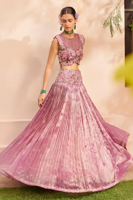 Anu Pellakuru_Wine Kota Doria Embroidery Round Neck Floral Pleated Bridal Lehenga Set _Online_at_Aza_Fashions