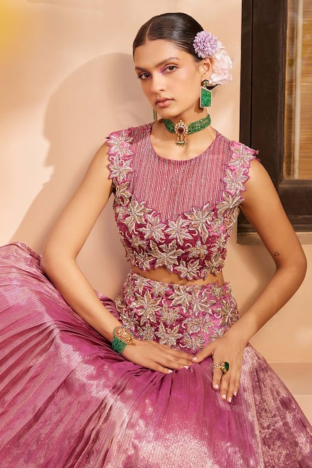 Buy_Anu Pellakuru_Wine Kota Doria Embroidery Round Neck Floral Pleated Bridal Lehenga Set _Online_at_Aza_Fashions