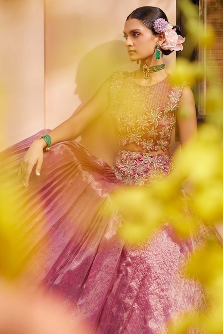 Shop_Anu Pellakuru_Wine Kota Doria Embroidery Round Neck Floral Pleated Bridal Lehenga Set _Online_at_Aza_Fashions