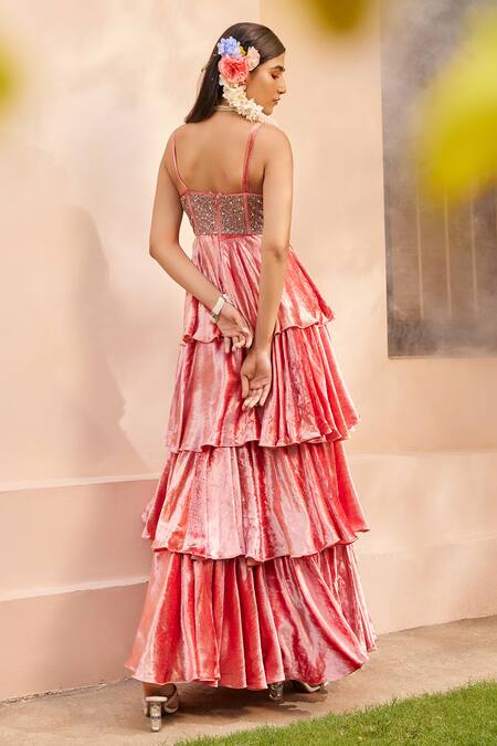 Shop Anu Pellakuru Pink Velvet Pearls, Embroidery Sweetheart Neck Four-tiered Gown at Aza Fashions Shop_Anu Pellakuru_Pink Velvet Pearls, Embroidery Sweetheart Neck Four-tiered Gown_at_Aza_Fashions