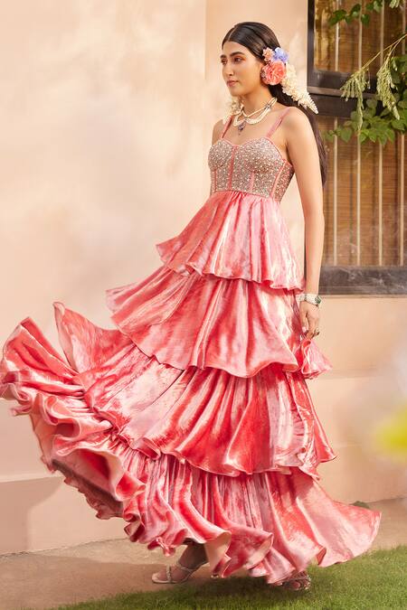 Anu Pellakuru Pink Velvet Pearls, Embroidery Sweetheart Neck Four-tiered Gown Online at Aza Fashions Anu Pellakuru_Pink Velvet Pearls, Embroidery Sweetheart Neck Four-tiered Gown_Online_at_Aza_Fashions