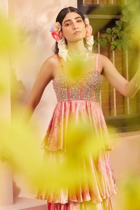 Shop Anu Pellakuru Pink Velvet Pearls, Embroidery Sweetheart Neck Four-tiered Gown Online at Aza Fashions Shop_Anu Pellakuru_Pink Velvet Pearls, Embroidery Sweetheart Neck Four-tiered Gown_Online_at_Aza_Fashions