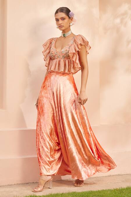 Anu Pellakuru Peach Velvet Pearls, Sequins, Embroidery V-neck Ruffle Top And Pant Set Online at Aza Fashions Anu Pellakuru_Peach Velvet Pearls, Sequins, Embroidery V-neck Ruffle Top And Pant Set_Online_at_Aza_Fashions