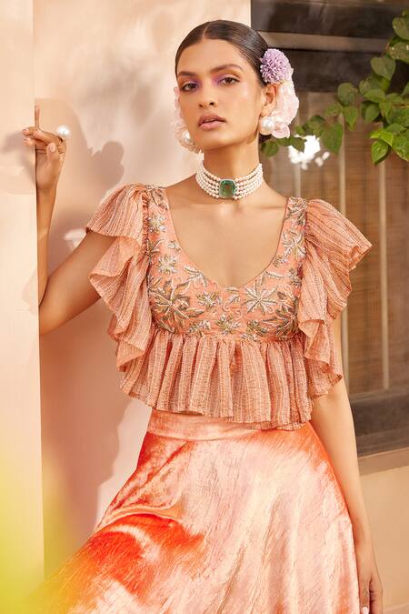 Shop Anu Pellakuru Peach Velvet Pearls, Sequins, Embroidery V-neck Ruffle Top And Pant Set Online at Aza Fashions Shop_Anu Pellakuru_Peach Velvet Pearls, Sequins, Embroidery V-neck Ruffle Top And Pant Set_Online_at_Aza_Fashions