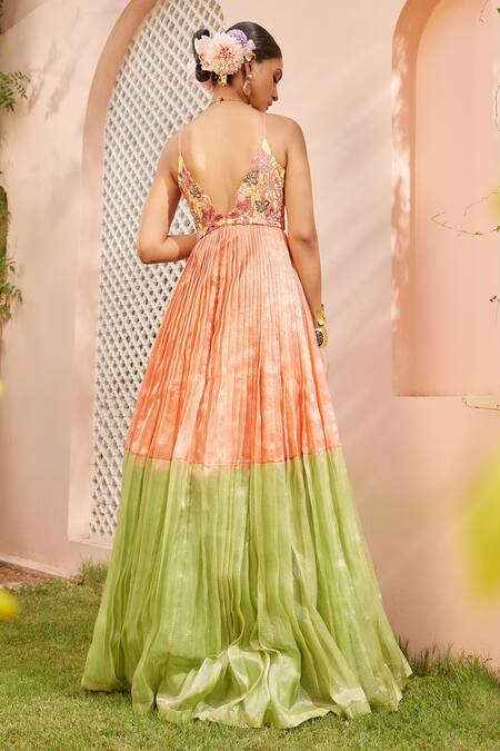 Shop Anu Pellakuru Peach Kota Doria Embroidery Plunge Neck Color Blocked Pleated Gown at Aza Fashions Shop_Anu Pellakuru_Peach Kota Doria Embroidery Plunge Neck Color Blocked Pleated Gown_at_Aza_Fashions