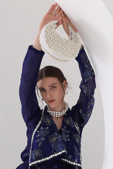 Forever Noor_Ivory Embellished Venti Pearl Tasselled Hobo Bag _Online_at_Aza_Fashions