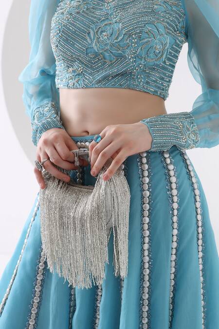 Forever Noor_Silver Embellished Zaha Tasselled Cutdana Bag _Online_at_Aza_Fashions