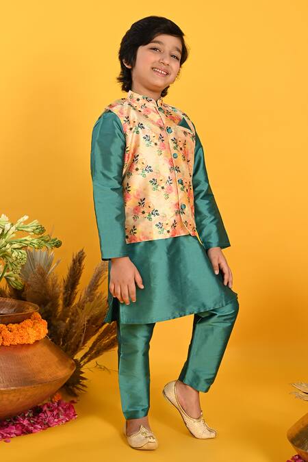 Buy_Saka Designs_Green Cotton, Taffeta Floral Printed Bundi And Kurta Set_Online_at_Aza_Fashions