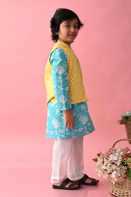 Buy_Saka Designs_Blue Cotton Floral Printed Kurta And Woven Bundi Set_Online_at_Aza_Fashions