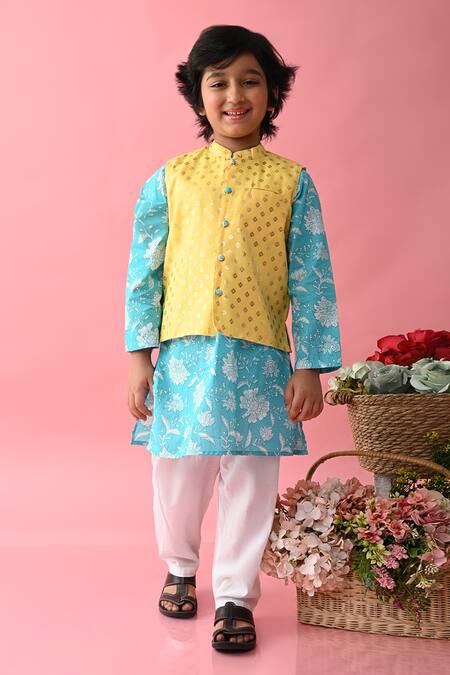 Shop_Saka Designs_Blue Cotton Floral Printed Kurta And Woven Bundi Set_Online_at_Aza_Fashions