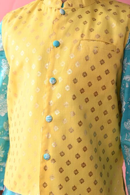 Saka Designs_Blue Cotton Floral Printed Kurta And Woven Bundi Set_at_Aza_Fashions