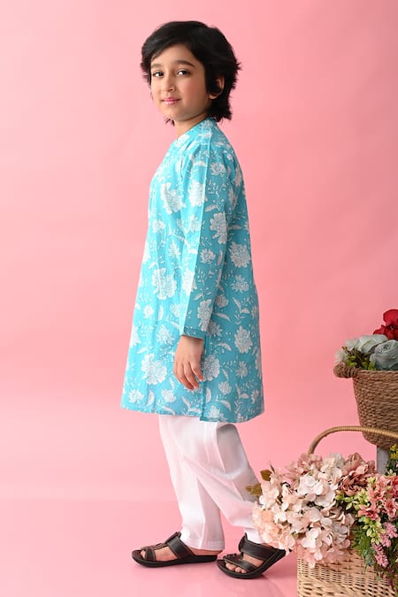 Buy_Saka Designs_Blue Cotton Embroidery Flower Print Kurta Set_Online_at_Aza_Fashions