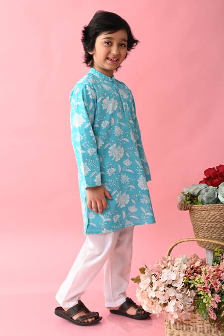Shop_Saka Designs_Blue Cotton Embroidery Flower Print Kurta Set_Online_at_Aza_Fashions