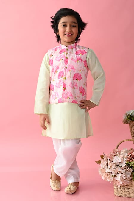 Saka Designs Pink Cotton Printed Flower Florette Bundi And Kurta Set  