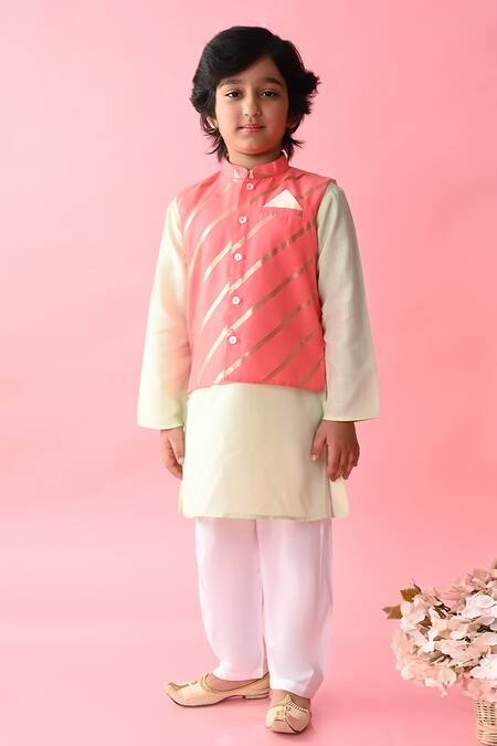 Buy_Saka Designs_Green Cotton Stripe Print Bundi And Kurta Set_Online_at_Aza_Fashions