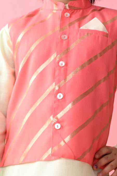 Saka Designs_Green Cotton Stripe Print Bundi And Kurta Set_at_Aza_Fashions