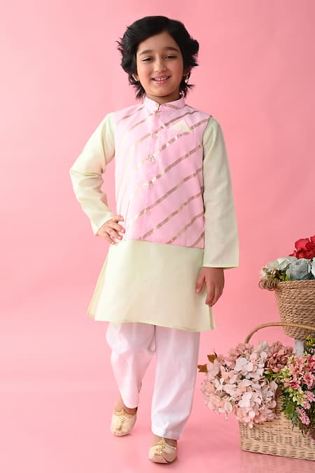 Saka Designs Pink Cotton Printed Stripe Bundi And Kurta Set  