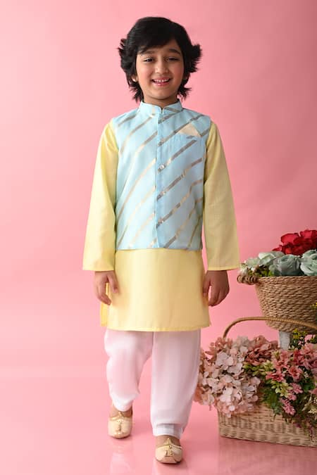 Saka Designs Blue Cotton Printed Stripe Linear Bundi And Kurta Set  