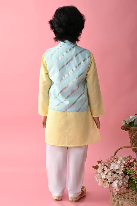 Saka Designs Blue Cotton Printed Stripe Linear Bundi And Kurta Set   2