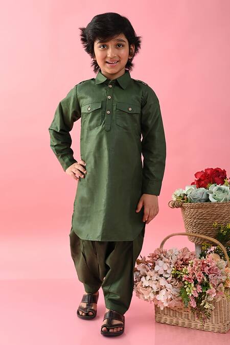 Buy Green Cotton Blend Plain Solid Pathani Kurta Set For Boys by