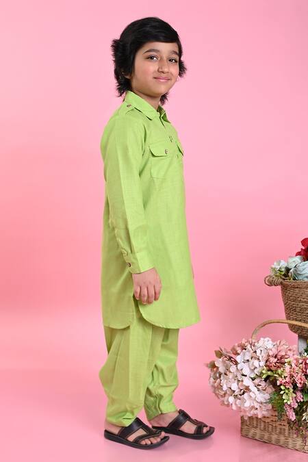 Buy_Saka Designs_Green Cotton Plain Pathani Kurta Set_Online_at_Aza_Fashions