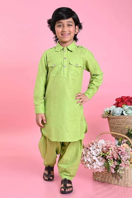 Shop_Saka Designs_Green Cotton Plain Pathani Kurta Set_Online_at_Aza_Fashions