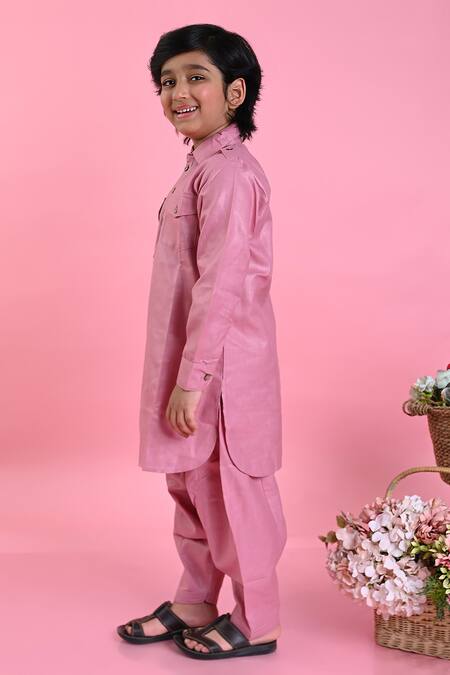 Saka Designs_Peach Cotton Pathani Kurta And Salwar Set_Online_at_Aza_Fashions