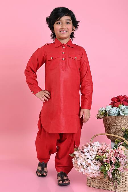 Saka Designs_Red , Satin Pathani Kurta And Salwar Set_Online_at_Aza_Fashions