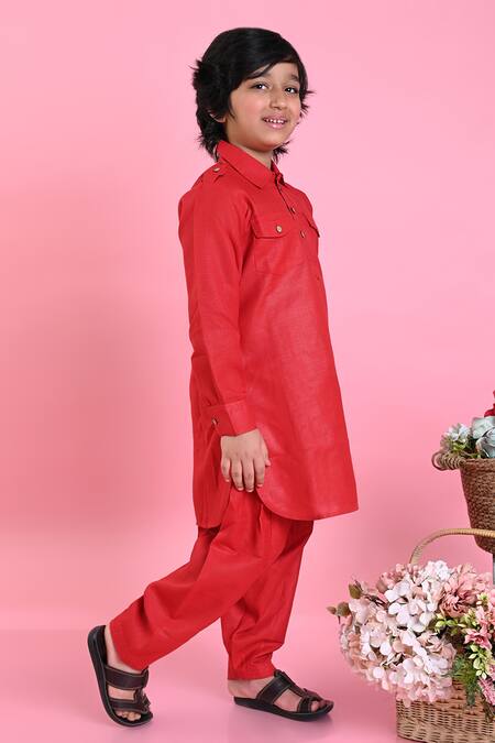 Buy_Saka Designs_Red , Satin Pathani Kurta And Salwar Set_Online_at_Aza_Fashions