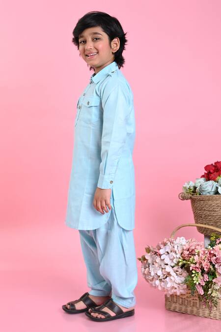 Saka Designs_Blue Cotton Plain Pathani Kurta And Salwar Set_Online_at_Aza_Fashions