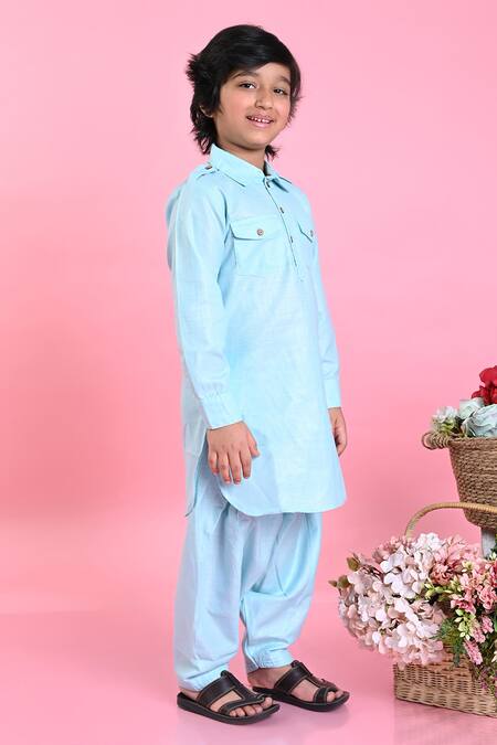 Buy_Saka Designs_Blue Cotton Plain Pathani Kurta And Salwar Set_Online_at_Aza_Fashions