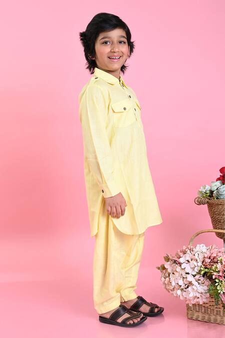 Buy_Saka Designs_Yellow , Satin Full Sleeve Plain Pathani Kurta Set_Online_at_Aza_Fashions