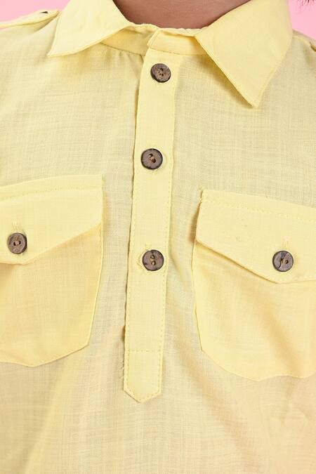 Saka Designs_Yellow , Satin Full Sleeve Plain Pathani Kurta Set_at_Aza_Fashions