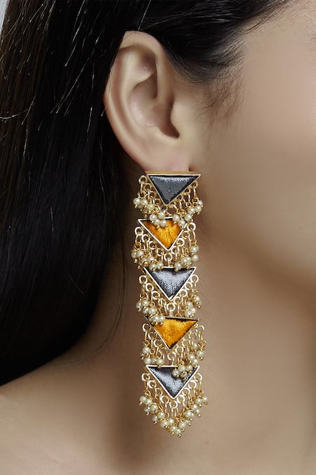 Bauble Bazaar Gold Plated Pearls, Zari Layered Bead Danglers 