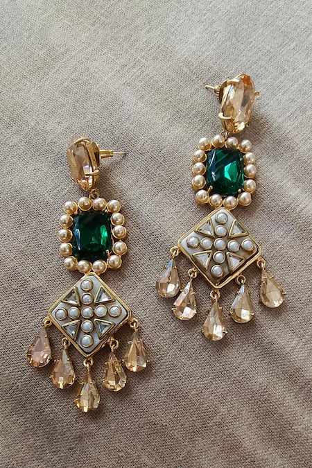 Shop Bblingg Gold Plated Crystals, Smocking Zahara Handmade Embellished Earrings at Aza Fashions Shop_Bblingg_Gold Plated Crystals, Smocking Zahara Handmade Embellished Earrings _at_Aza_Fashions