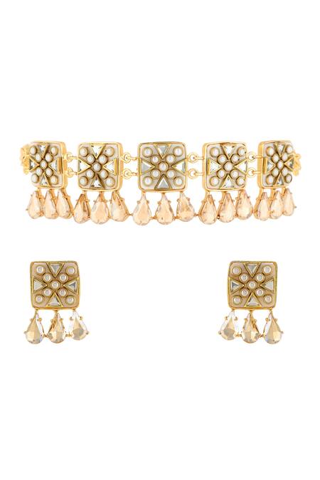 Shop Bblingg Gold Plated Crystals, Pearls Viana Mini Embellished Choker Set at Aza Fashions Shop_Bblingg_Gold Plated Crystals, Pearls Viana Mini Embellished Choker Set _at_Aza_Fashions