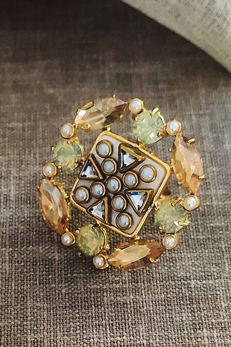 Shop Bblingg Gold Plated Crystals, Pearls Suhaaya Mini Embellished Ring at Aza Fashions Shop_Bblingg_Gold Plated Crystals, Pearls Suhaaya Mini Embellished Ring _at_Aza_Fashions